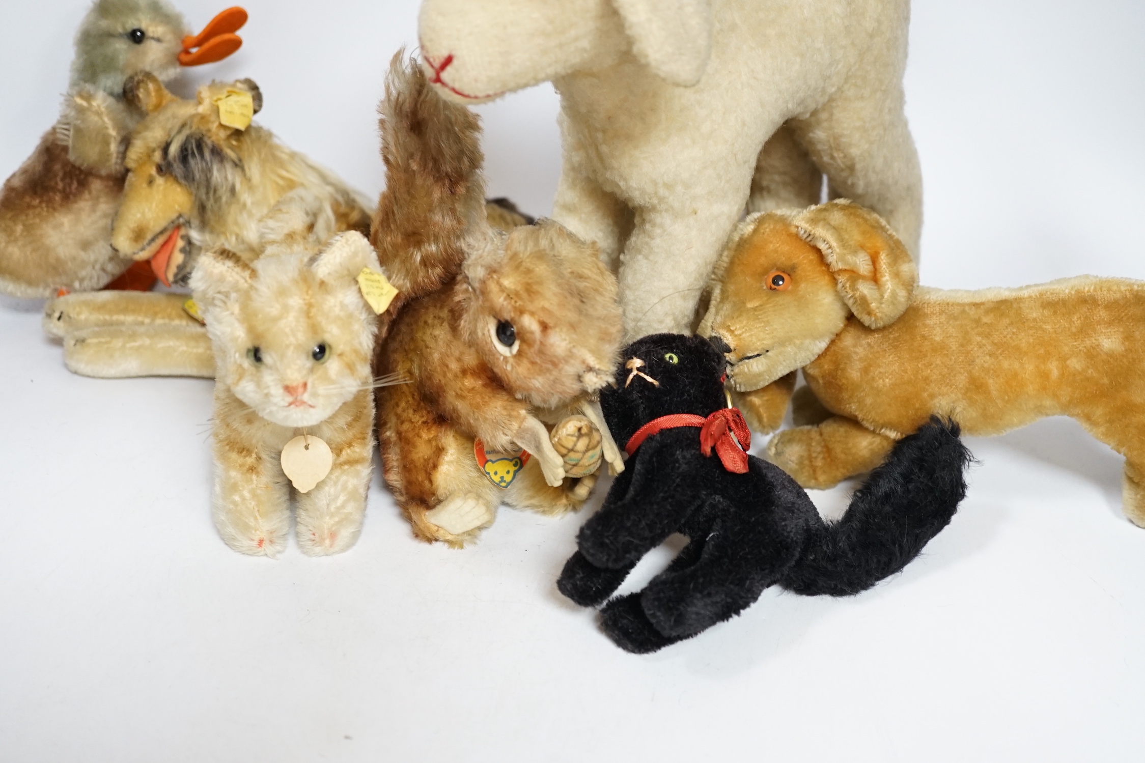 Seven Steiff 1950's animals and a Herman cat